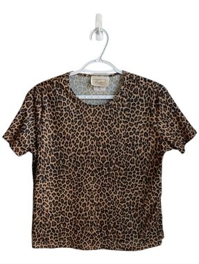 Vintage Womens Leopard Print Short Sleeve Crop Top - Brown/Black 80s Large
